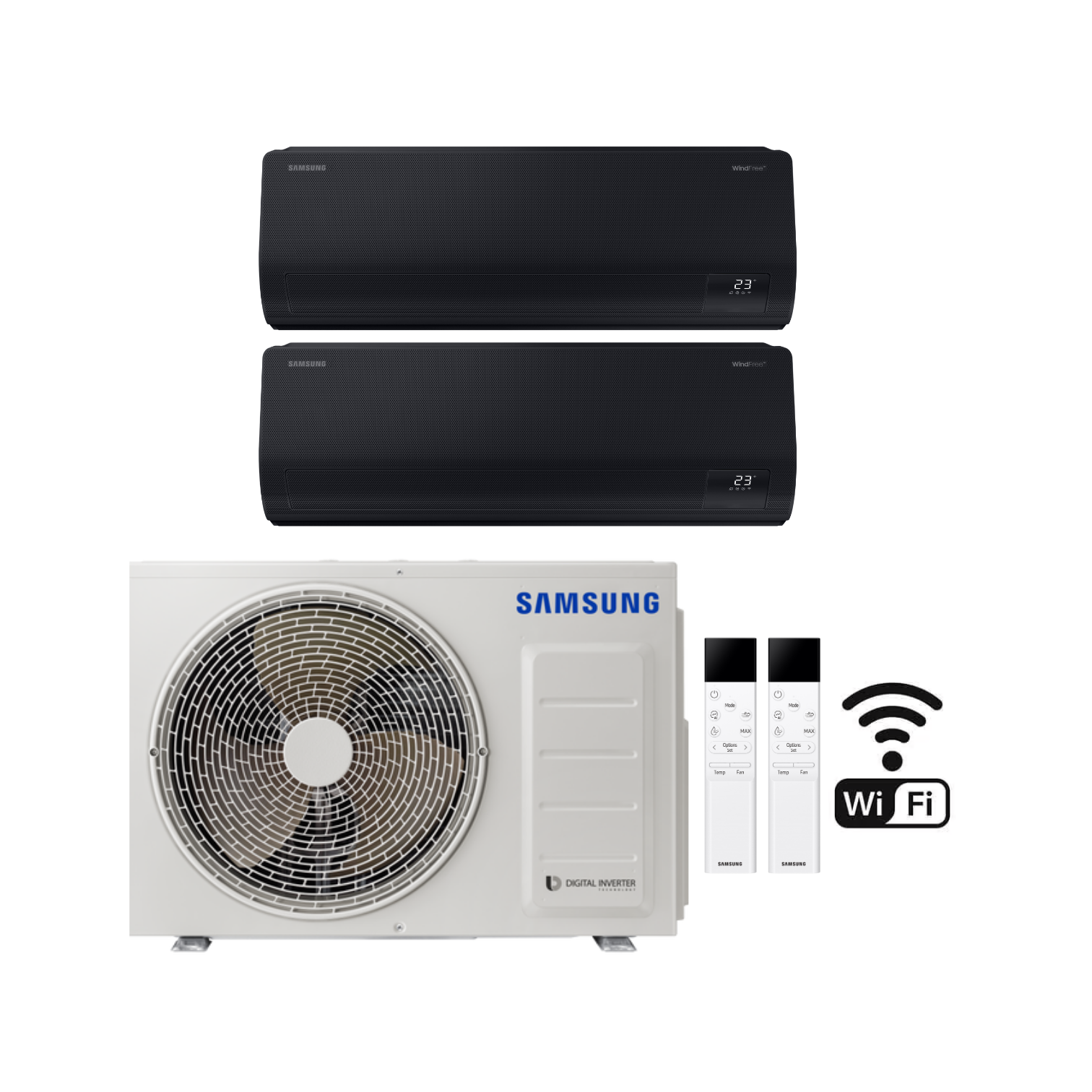 Sestava klimatizace Samsung WindFree – dvě černé vnitřní jednotky, venkovní jednotka a ovladače