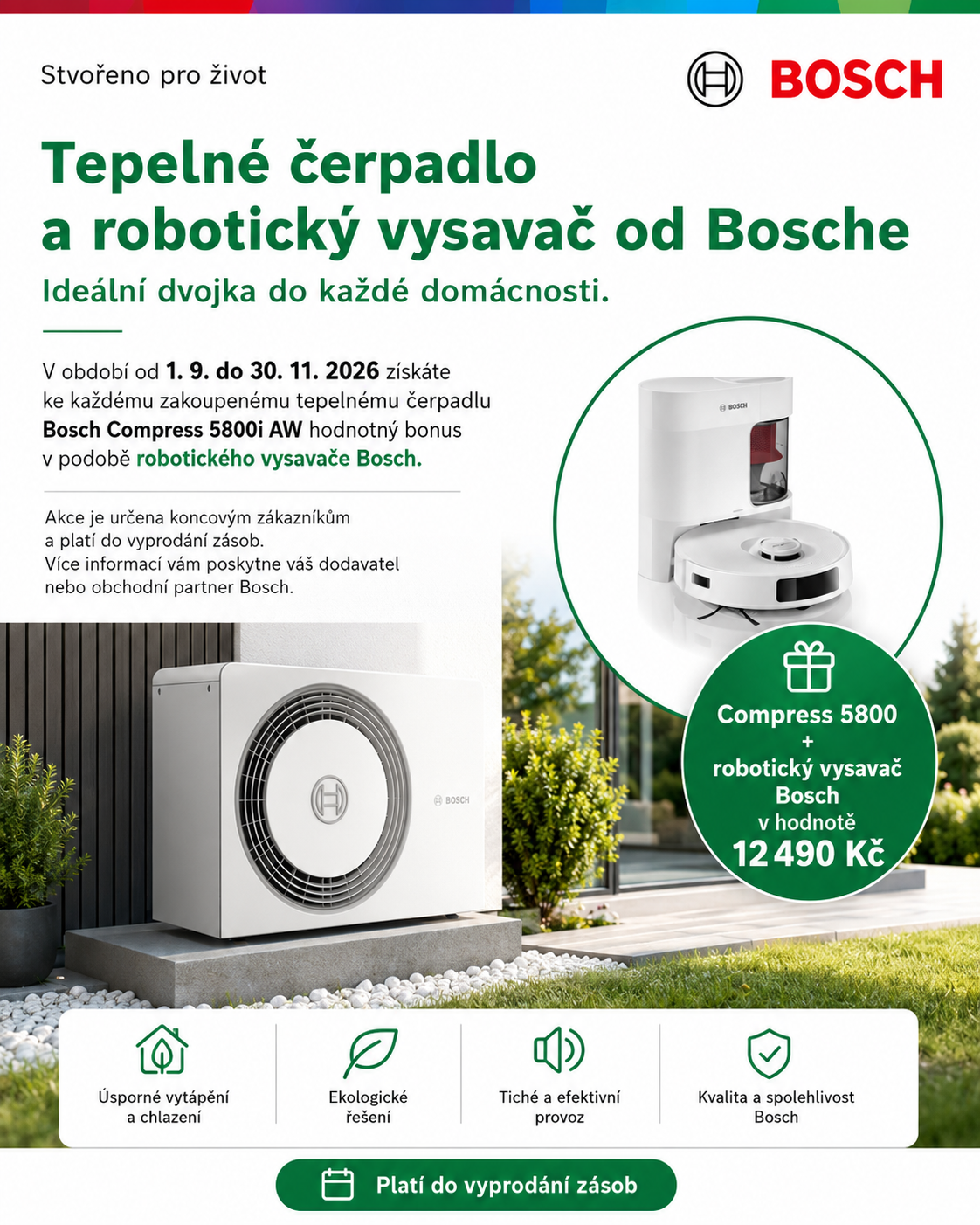 Oficiální akční vizuál Bosch — tepelné čerpadlo Bosch Compress 5800i AW a robotický vysavač Bosch jako bonus v hodnotě 12 490 Kč